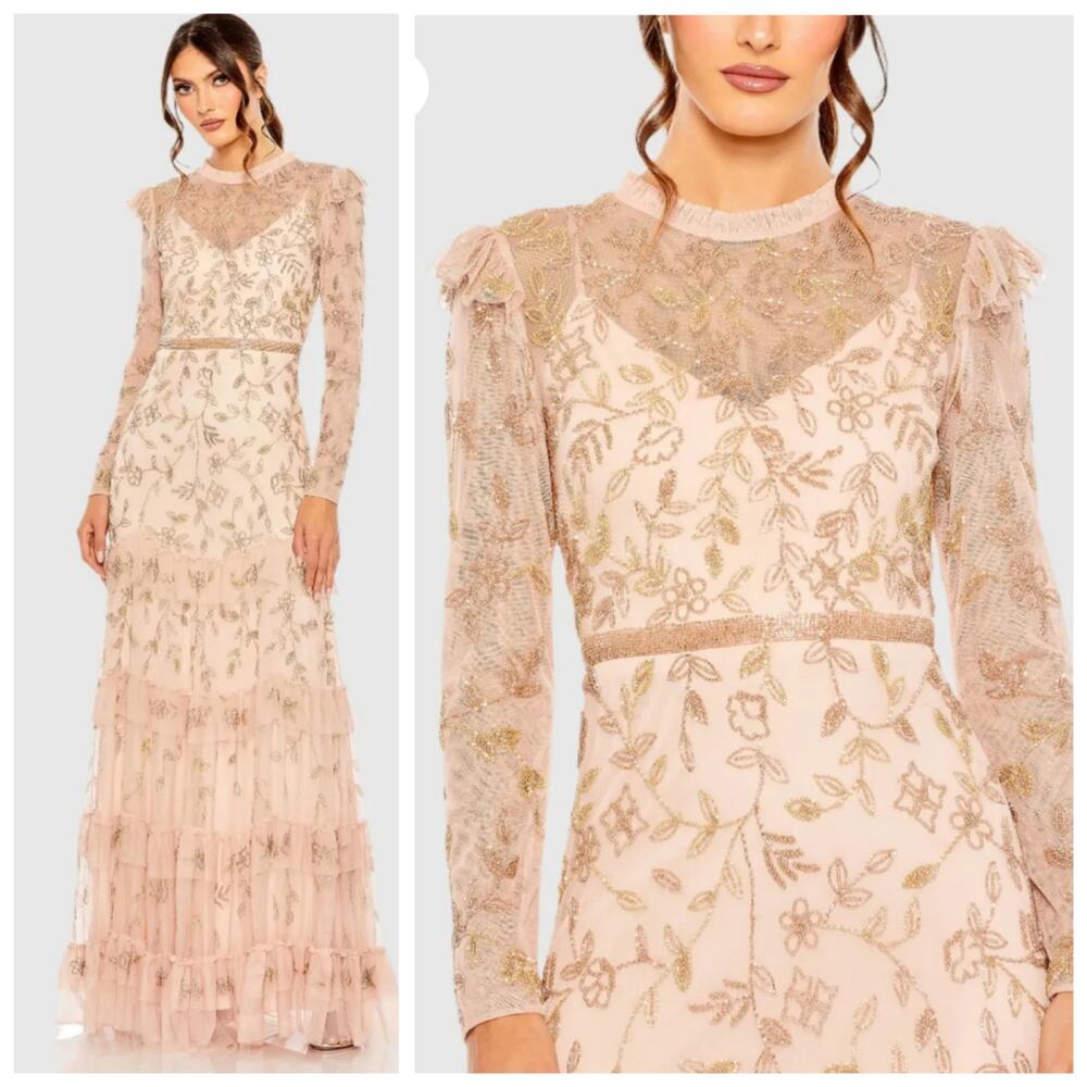 Mac Duggal Formal 9237 Pink Gold Beaded Dress Blush Evening Gown Long Sleeve 22
